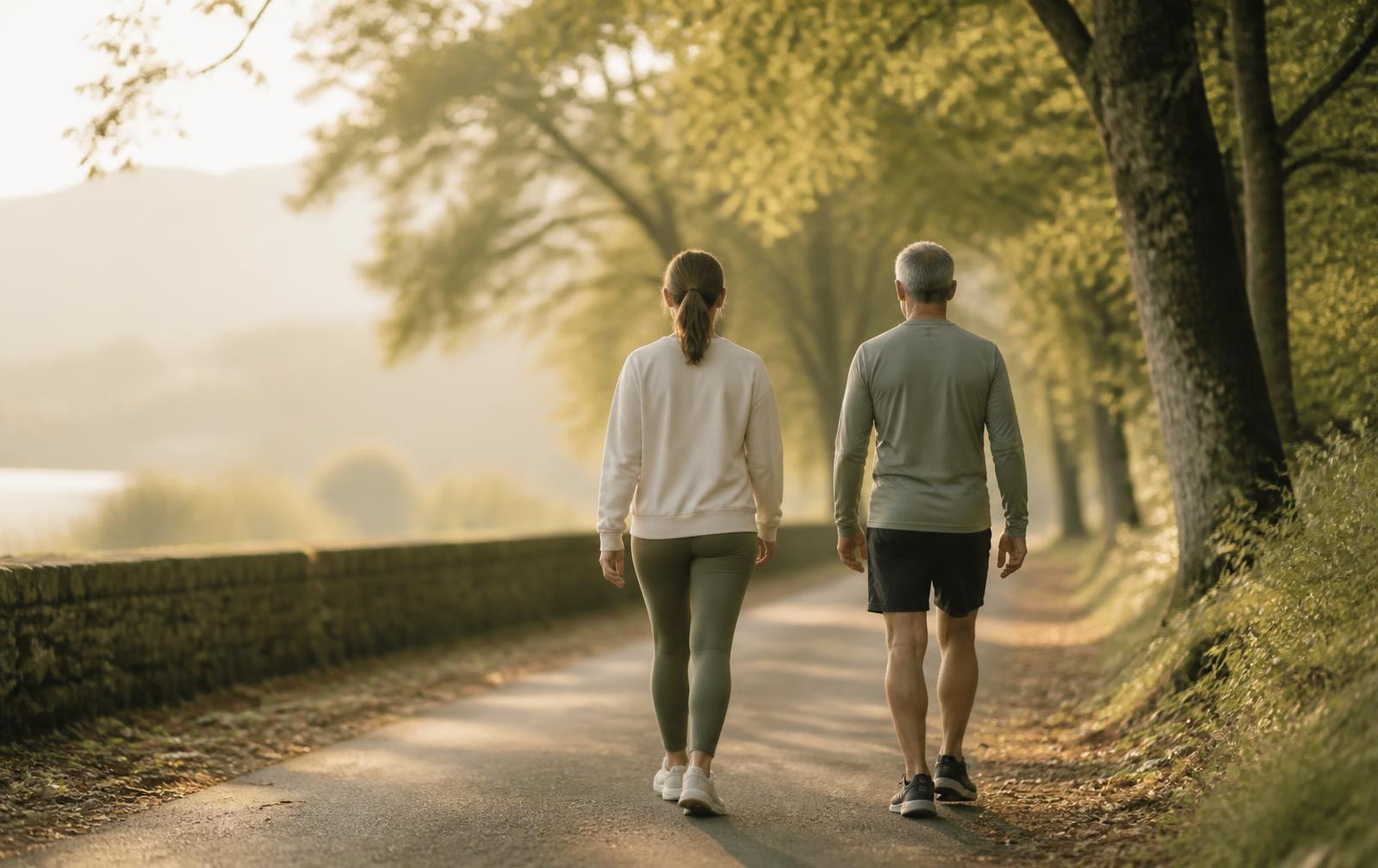Duas pessoas caminhando ao ar livre em uma manhã tranquila